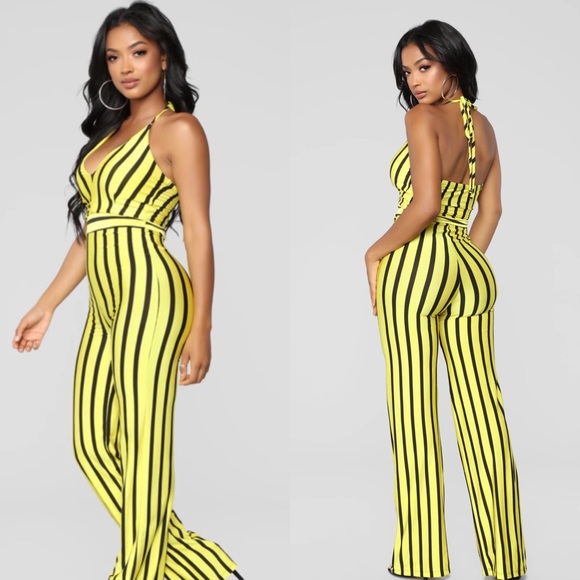 Fashion Nova Pants - Fashionnova Yellow Stripped Jumpsuit